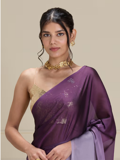 Soft and Shiny Purple Georgette Ombre Solid Tassels Saree with Unstitched Blouse