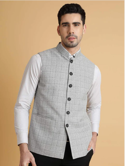 Grey Checked Regular Fit Modi Jacket