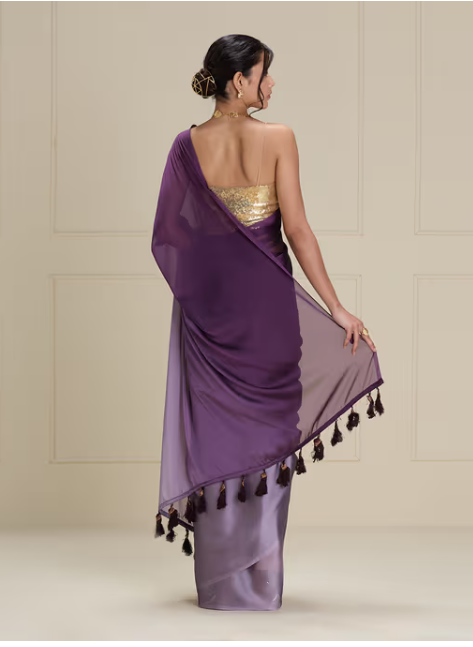 Soft and Shiny Purple Georgette Ombre Solid Tassels Saree with Unstitched Blouse