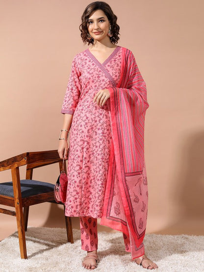 Pink Ethnic Motifs Printed Angrakha Kurta With Trousers & Dupatta