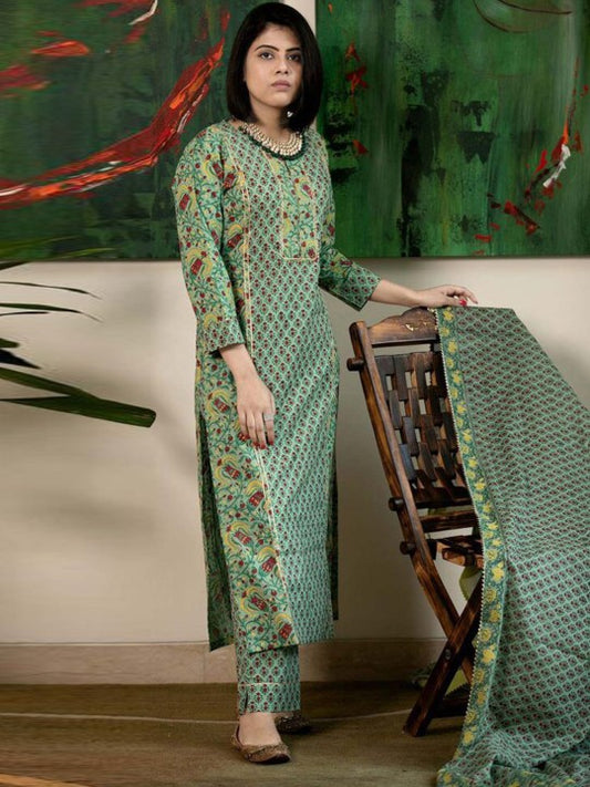 Floral Printed Straight Kurta With Trousers & Dupatta