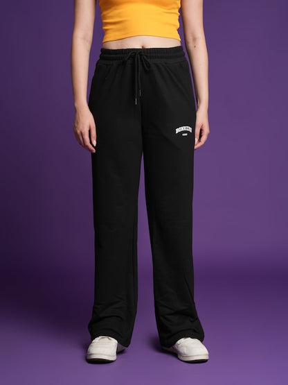 Women Black Mid-Rise Wide Leg Track Pants