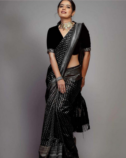 Black Color Soft Banarasi silk saree With Golden Zari Work