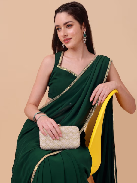 Green & Gold-Toned Mirror Work Saree