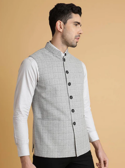 Grey Checked Regular Fit Modi Jacket