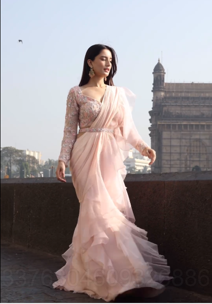 Onion Pink Organza & Chiffon Draped Saree Set