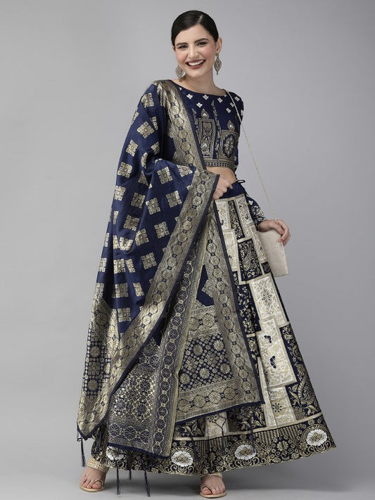 Navy Blue & Off-White Woven Design Semi-Stitched Lehenga & Unstitched Blouse with Dupatta