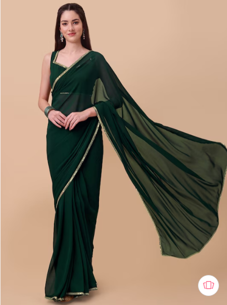 Green & Gold-Toned Mirror Work Saree