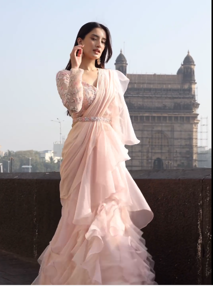 Onion Pink Organza & Chiffon Draped Saree Set