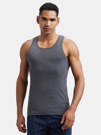 Men Combed Cotton Rib Round Neck Vest with Extended Length for Easy