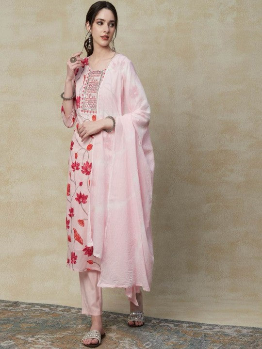 Floral Embroidered Mirror Work Pure Cotton Kurta With Trousers & Dupatta