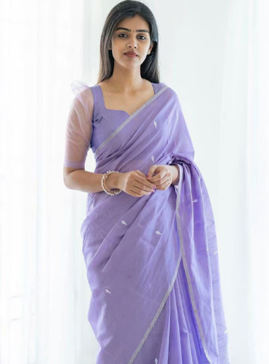 Lavender & Silver-Toned Woven Design Zari Saree