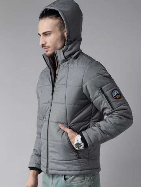 Men Charcoal Grey Solid Padded Jacket