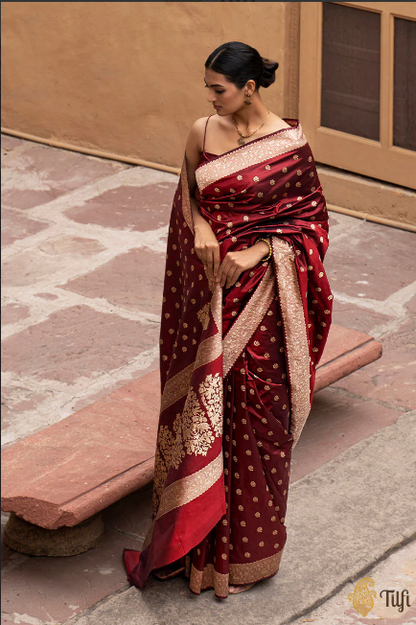 Janaki' Maroon Pure Katan Silk Real Zari Banarasi Handloom Saree