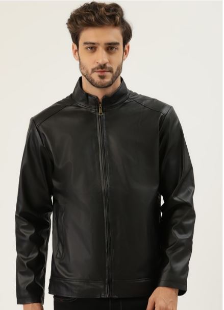 Men Black Solid Leather Jacket