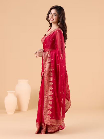 Love Defined Red Georgette Embroidered Party Saree and Unstitched Blouse