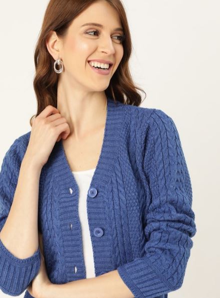 DressBerry Women Blue Open Knit Cardigan Sweater