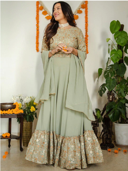 Sea Green Embroidered Georgette Lehenga Choli