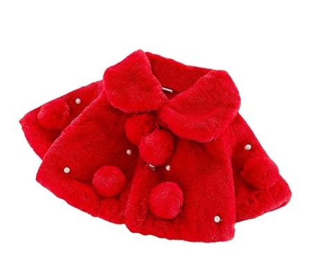 Bold N Elegant Wool Faux Fur Warm Winter Outerwear Baby Jacket Cape Coat Poncho Wrap with Soft Plush Pompom and Pearls for Infant Toddler Baby Girls