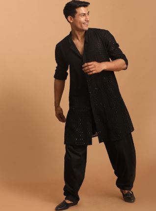 VASTRAMAY Men Georgette Sequence Semi Sheer Kurta With Patiala