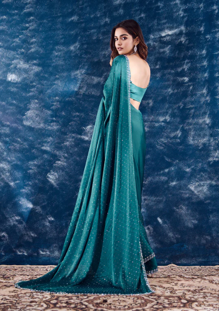 Turquoise Blue Stonework Satin Designer Saree