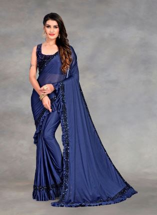 Navy Blue Chiffon Saree With Blouse Piece 5.3 1.11 With Blouse Piece Not Applicable Party Chiffon Navy Blue