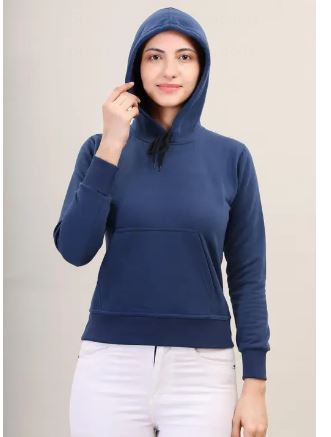 Women Blue Sweatshirt Hoodies Full Sleeves Winter Wear, Hooded Neck Regular Fit Long Sleeve Women's