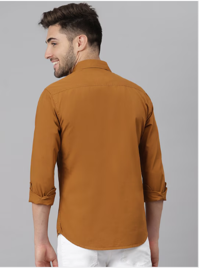 Men Brown Slim Fit Cotton Solid Casual Shirt