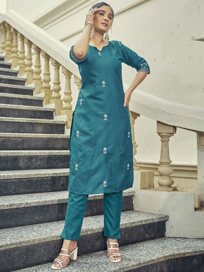 Floral Embroidered Straight Kurta with Trousers & Dupatta