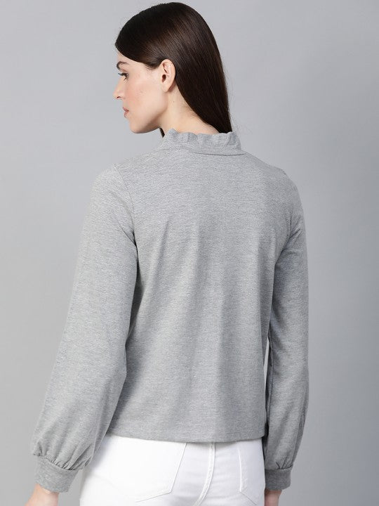 Women Grey Melange Solid Puff Sleeves Top