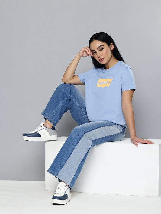 Women Graphic Print Round Neck Cotton Blend Light Blue T-Shirt