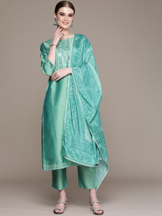 Women Ethnic Motifs Embroidered Sequinned Kurta with Trousers & With Dupatta