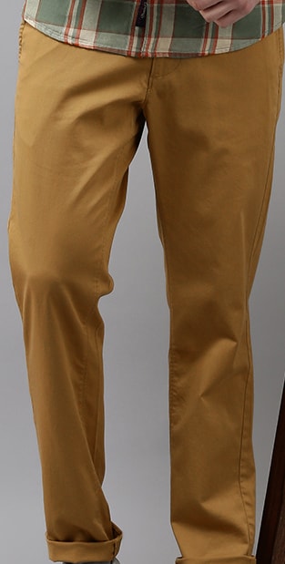 Men Khaki Solid Mid-Rise Regular Trousers