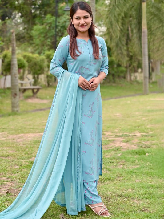 Women Blue Printed Kurta with Palazzos & With Dupatta