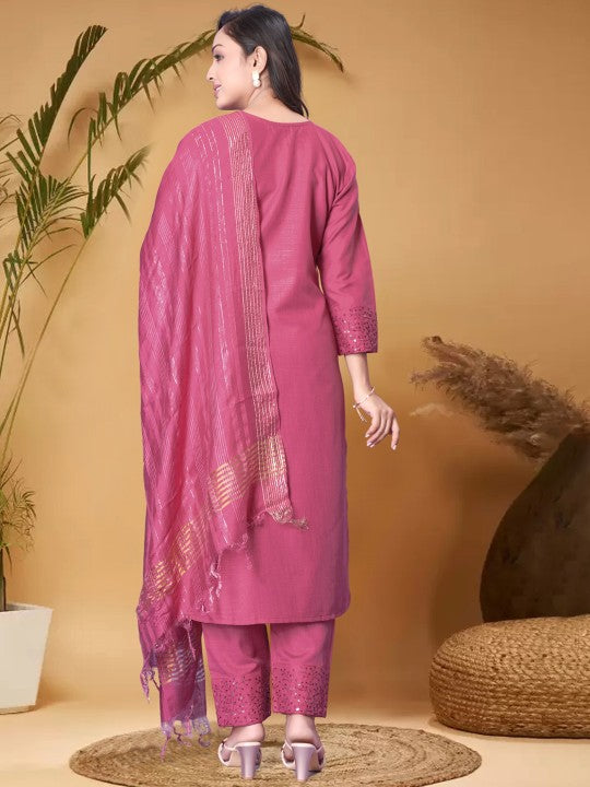 Pink Ethnic Motifs Yoke Design Sequined Straight Kurta with Trouser & Dupatta