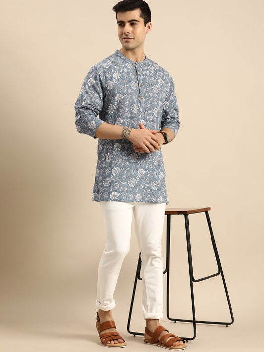 Men Grey & White Floral Printed Pure Cotton Straight Kurta