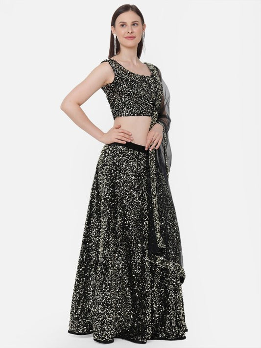 Black & Gold-Toned Embellished Semi-Stitched Lehenga & Unstitched Blouse with Dupatta