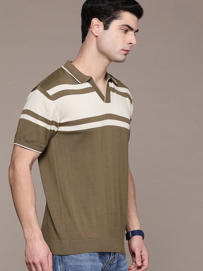 Men Striped Pure Cotton Polo Collar T-shirt