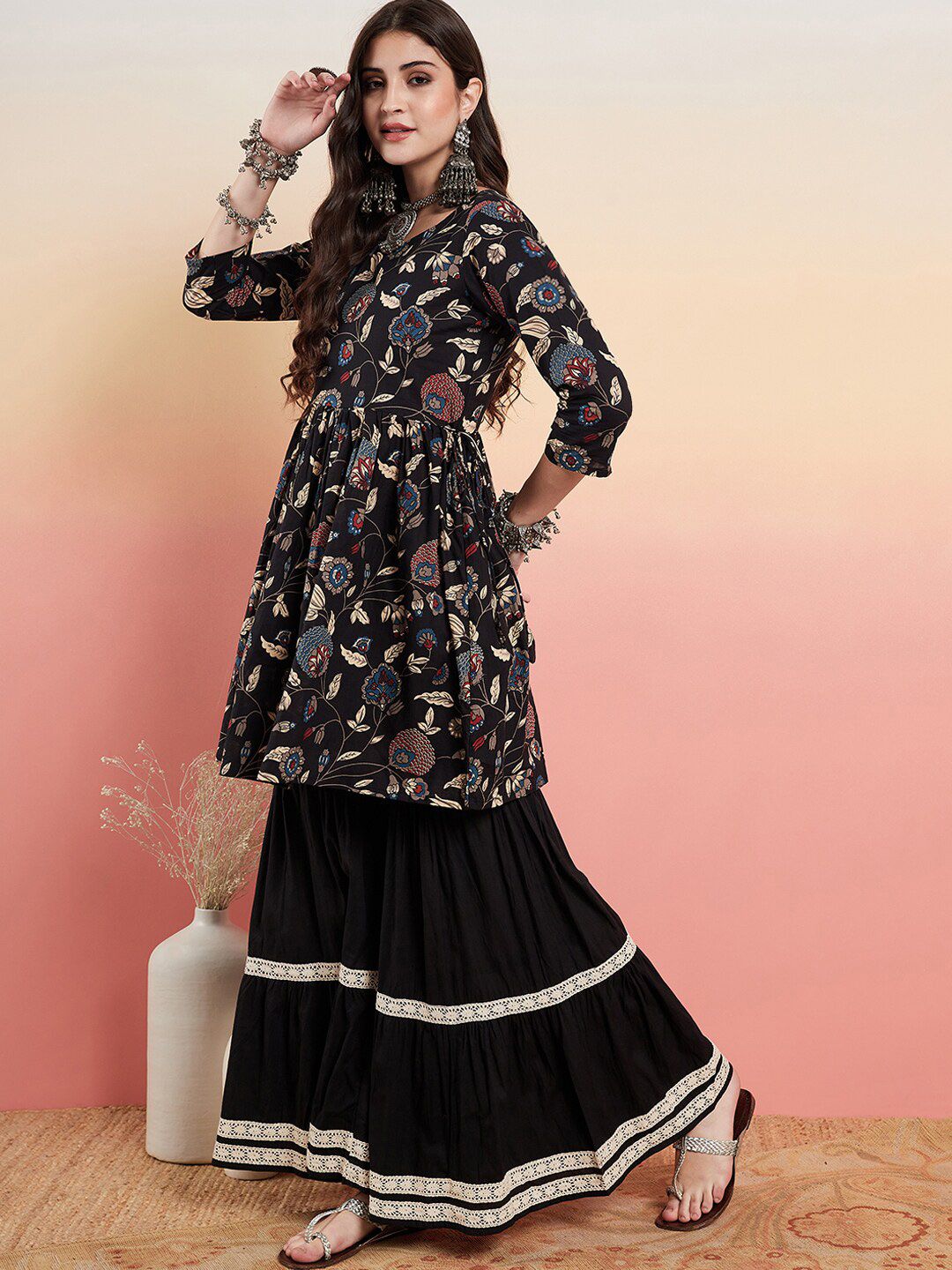 Floral Printed Pure Cotton Anarkali Kurti With Sharara