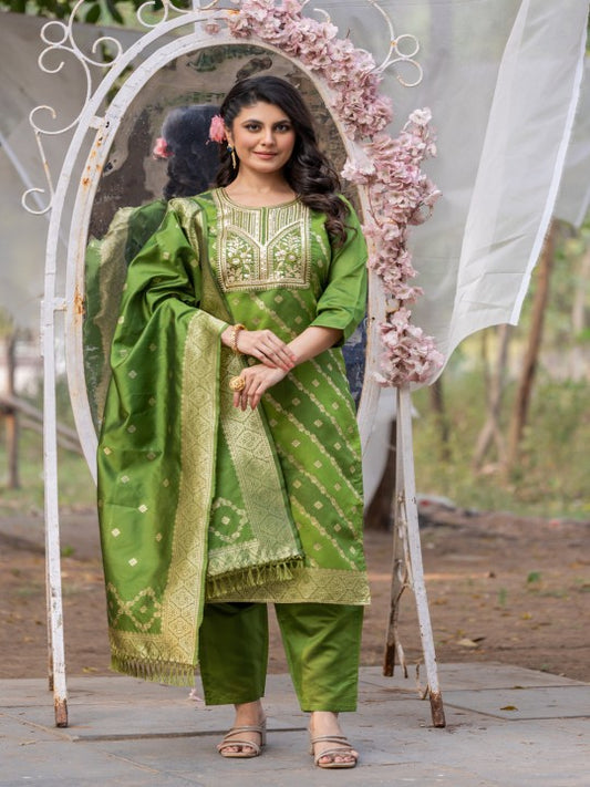 Floral Embroidered Round Neck Straight Kurta With Trousers And Dupatta