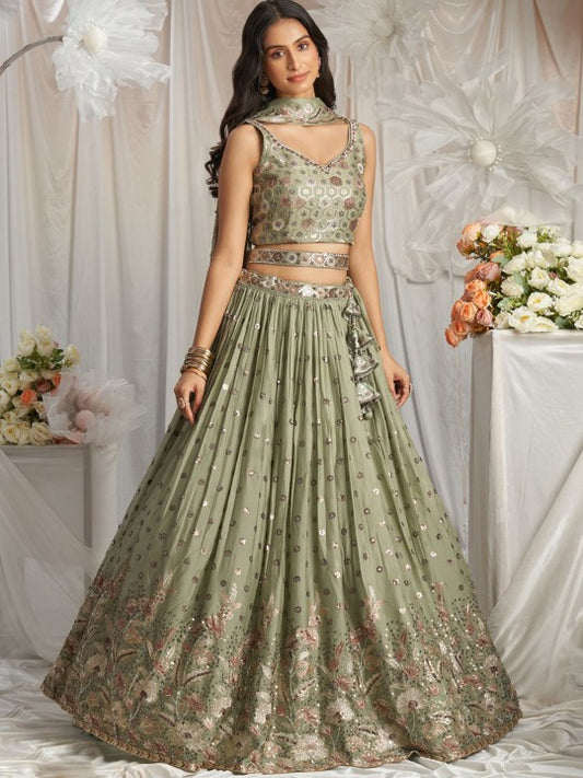 Embroidered Sequinned Semi Stitched Lehenga & Unstitched Blouse With Dupatta