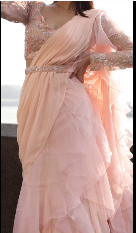 Onion Pink Organza & Chiffon Draped Saree Set