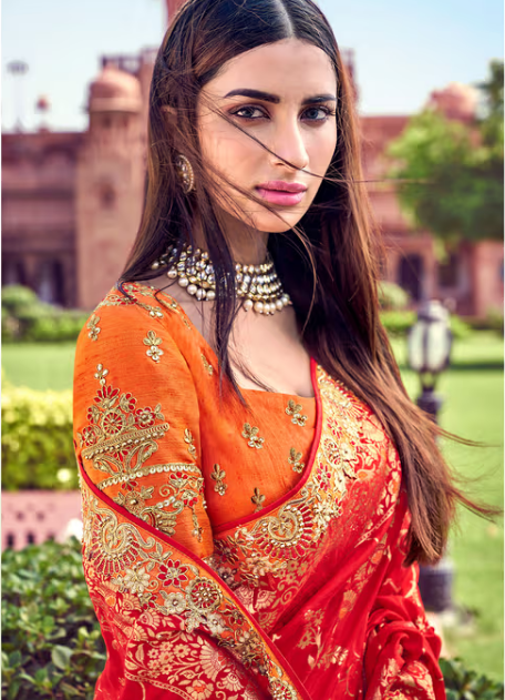 Red And Orange Color Silk Embroidered Saree With Un-stitched Blouse