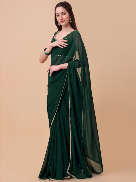 Green & Gold-Toned Mirror Work Saree