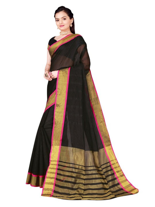 Women's Pure Kalyani Cotton Silk Saree with Zari Border and Blouse Piece (Black & Pink)