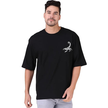 Men Oversized Loose Fit Cotton Blend Half Sleeve Round Neck Printed Black Tshirt for Men