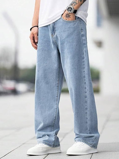 Men Relaxed Fit Mid Rise Baggy Light Blue Jeans