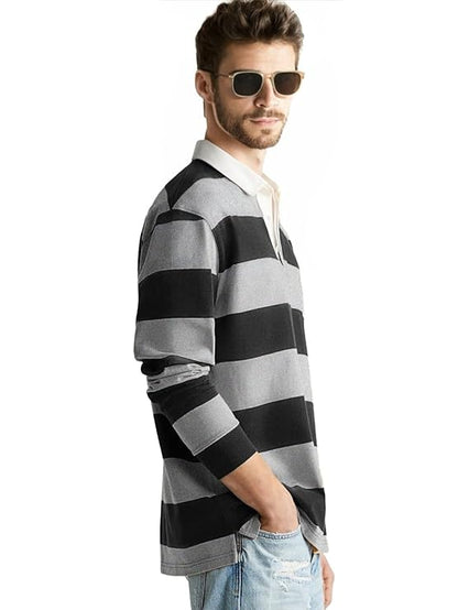 LEWEL Men's Stylish Polo Neck Striped Full Sleeve T-Shirt (Grey)