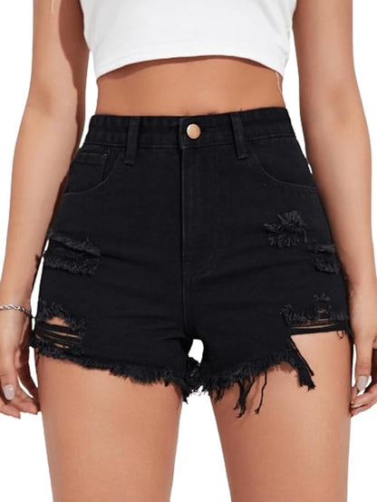 Aahwan Solid High Waist Ripped Raw Trim Denim Shorts Casual Summer Shorts for Women's & Girls