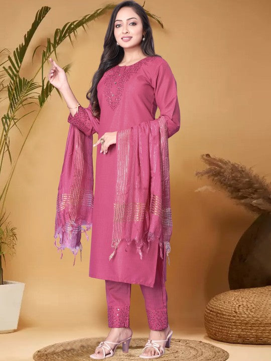 Pink Ethnic Motifs Yoke Design Sequined Straight Kurta with Trouser & Dupatta